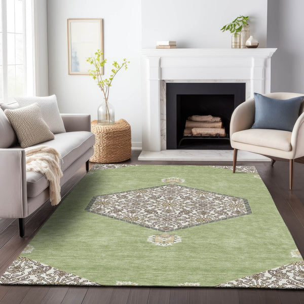 Homeroots 3' Artichoke Green Beige Ivory Oriental Washable Area Rug For Indoor Outdoor Spaces, Durable Design 9' X 12' Polyester 598164