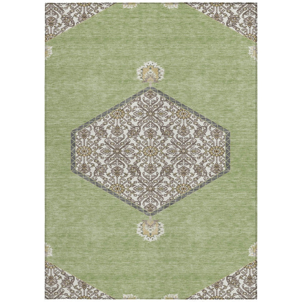 Homeroots 3' Artichoke Green Beige Ivory Oriental Washable Area Rug For Indoor Outdoor Spaces, Durable Design 10' X 14' Polyester 598165