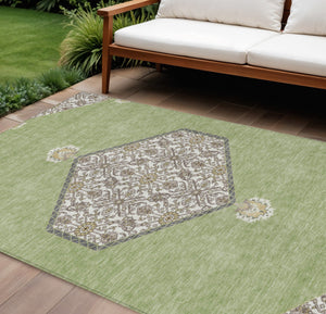 Homeroots 3' Artichoke Green Beige Ivory Oriental Washable Area Rug For Indoor Outdoor Spaces, Durable Design 10' X 14' Polyester 598165