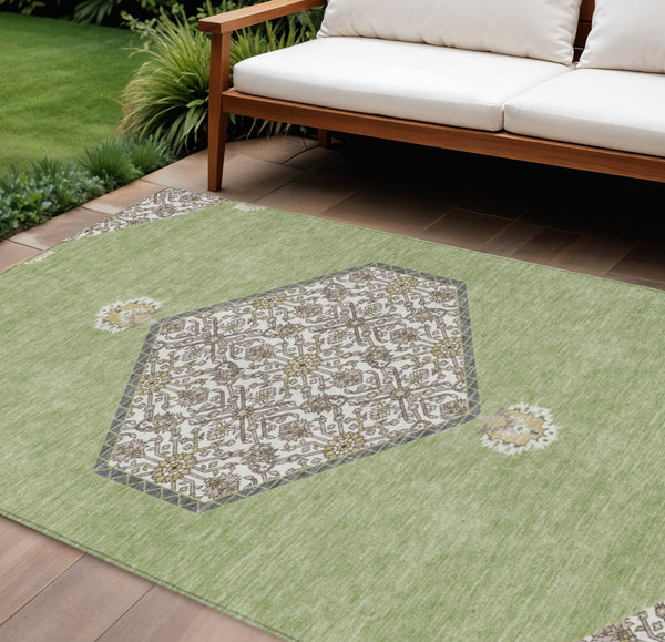 Homeroots 3' Artichoke Green Beige Ivory Oriental Washable Area Rug For Indoor Outdoor Spaces, Durable Design 10' X 14' Polyester 598165