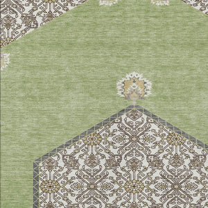 Homeroots 3' Artichoke Green Beige Ivory Oriental Washable Area Rug For Indoor Outdoor Spaces, Durable Design 10' X 14' Polyester 598165