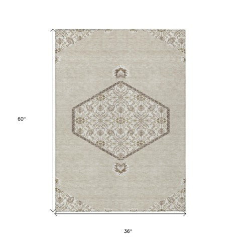 Homeroots 3' Artichoke Green Beige Ivory Oriental Washable Area Rug For Indoor Outdoor Spaces, Durable Design 3' X 5' Polyester 598166