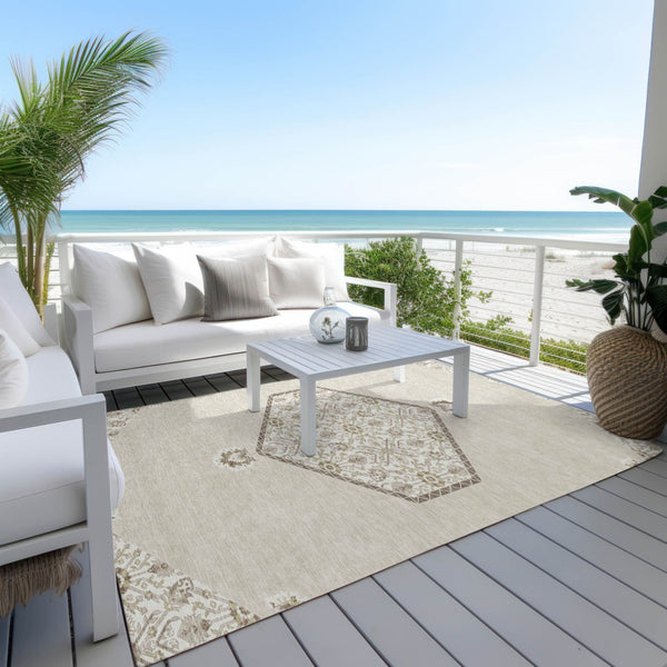 Homeroots 3' Artichoke Green Beige Ivory Oriental Washable Area Rug For Indoor Outdoor Spaces, Durable Design 5' X 8' Polyester 598167