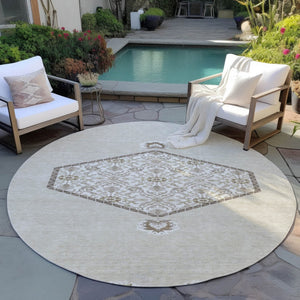 HomeRoots 5' Timeless Beige and Brown Oriental Area Rug - Durable, Washable for Indoor and Outdoor Use 8' Round 598168