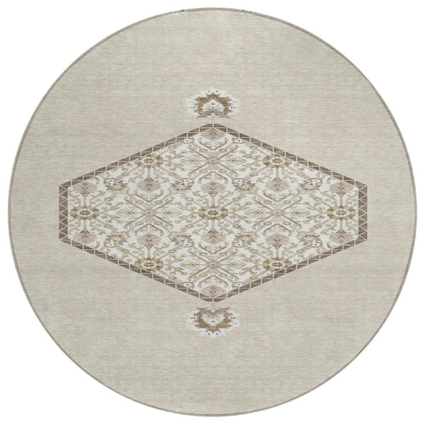 HomeRoots 5' Timeless Beige and Brown Oriental Area Rug - Durable, Washable for Indoor and Outdoor Use 8' Round 598168