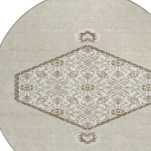 Homeroots 3' Artichoke Green Beige Ivory Oriental Washable Area Rug For Indoor Outdoor Spaces, Durable Design 8' Round Polyester 598168