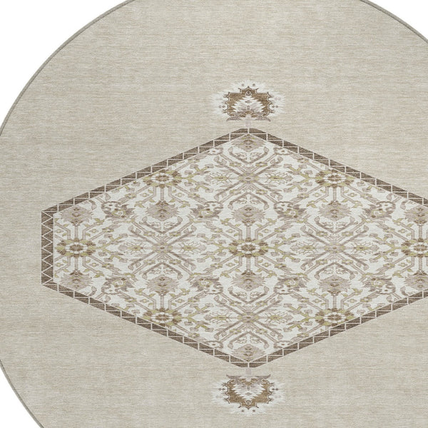 Homeroots 3' Artichoke Green Beige Ivory Oriental Washable Area Rug For Indoor Outdoor Spaces, Durable Design 8' Round Polyester 598168