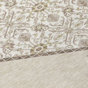 Homeroots 3' Artichoke Green Beige Ivory Oriental Washable Area Rug For Indoor Outdoor Spaces, Durable Design 8' Round Polyester 598168