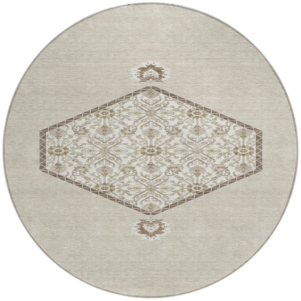 Homeroots 3' Artichoke Green Beige Ivory Oriental Washable Area Rug For Indoor Outdoor Spaces, Durable Design 8' Round Polyester 598168