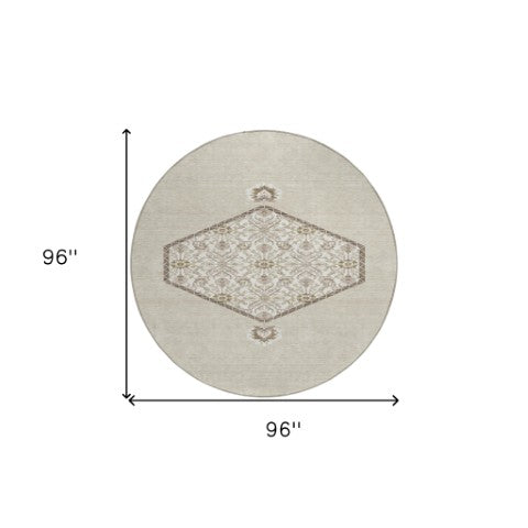Homeroots 3' Artichoke Green Beige Ivory Oriental Washable Area Rug For Indoor Outdoor Spaces, Durable Design 8' Round Polyester 598168