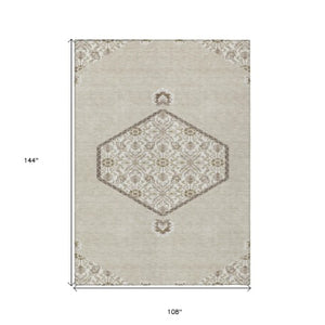Homeroots 3' Artichoke Green Beige Ivory Oriental Washable Area Rug For Indoor Outdoor Spaces, Durable Design 9' X 12' Polyester 598170