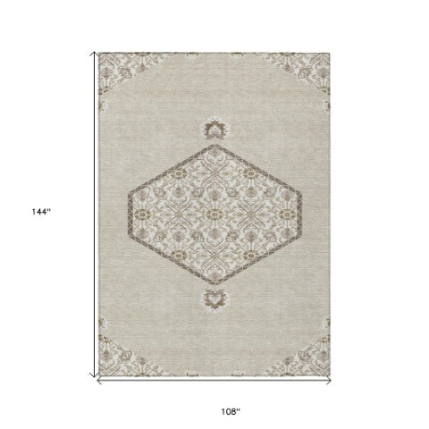 Homeroots 3' Artichoke Green Beige Ivory Oriental Washable Area Rug For Indoor Outdoor Spaces, Durable Design 9' X 12' Polyester 598170
