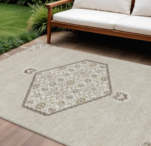 HomeRoots 9' X 12' Beige Brown & Ivory Oriental Area Rug - Durable, Washable, Indoor/Outdoor, Stylish Décor 598170
