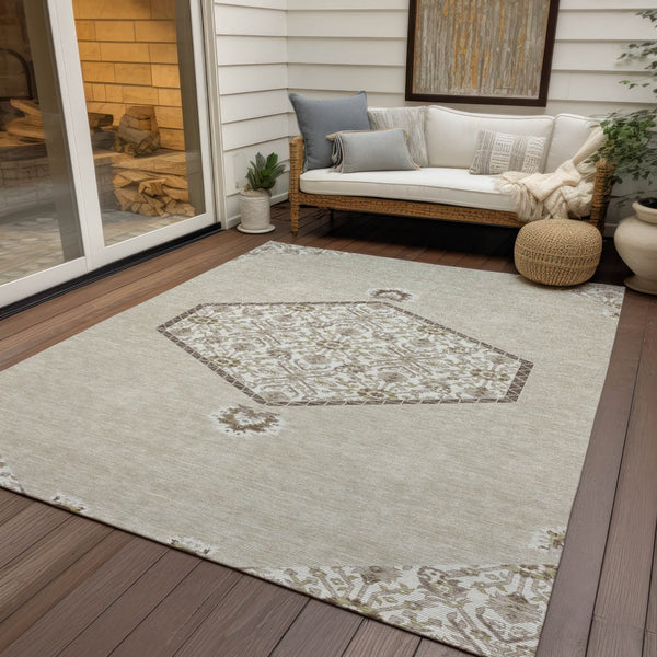 Homeroots 3' Artichoke Green Beige Ivory Oriental Washable Area Rug For Indoor Outdoor Spaces, Durable Design 9' X 12' Polyester 598170