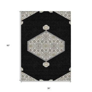 Homeroots 3' Artichoke Green Beige Ivory Oriental Washable Area Rug For Indoor Outdoor Spaces, Durable Design 3' X 5' Polyester 598172