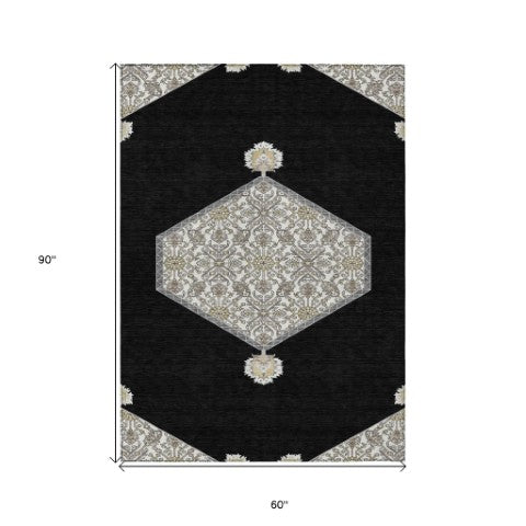 Homeroots 3' Artichoke Green Beige Ivory Oriental Washable Area Rug For Indoor Outdoor Spaces, Durable Design 5' X 8' Polyester 598173