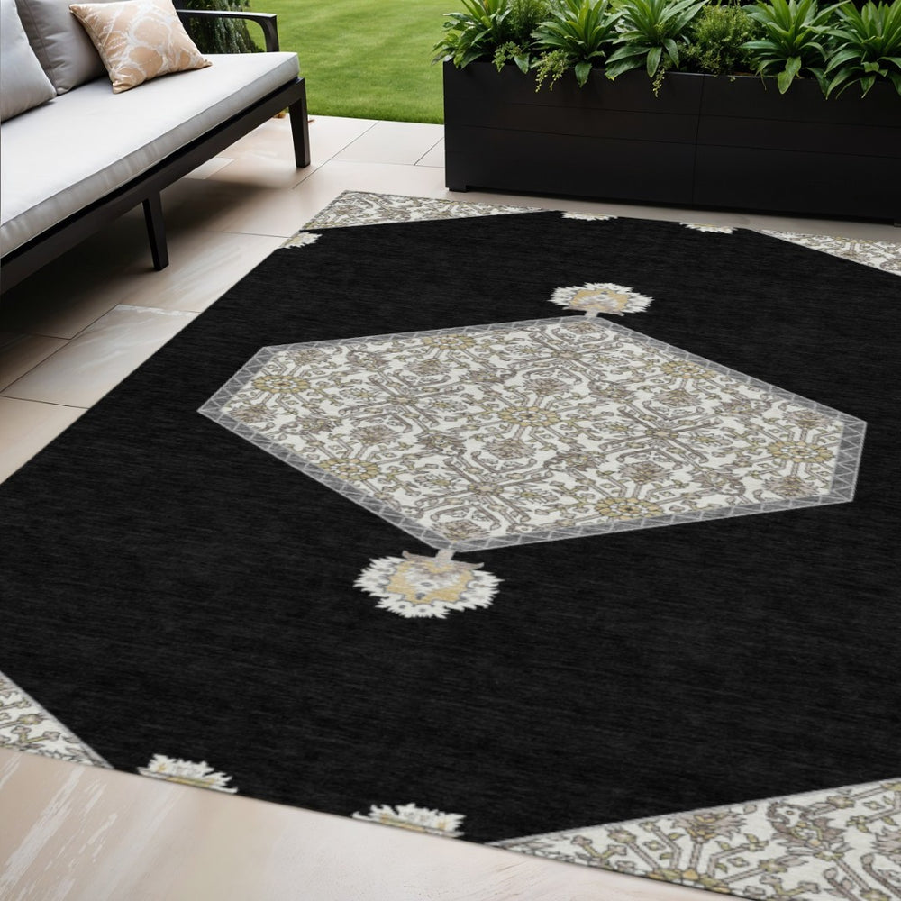 HomeRoots 5' Elegant Black, Gray & Ivory Oriental Washable Area Rug for Indoor & Outdoor Versatile Decor 5' X 8' 598173