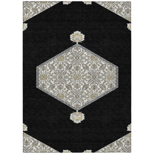 HomeRoots 5' Elegant Black, Gray & Ivory Oriental Washable Area Rug for Indoor & Outdoor Versatile Decor 5' X 8' 598173