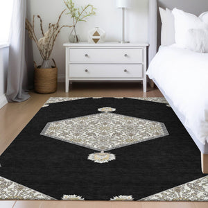 Homeroots 3' Artichoke Green Beige Ivory Oriental Washable Area Rug For Indoor Outdoor Spaces, Durable Design 5' X 8' Polyester 598173