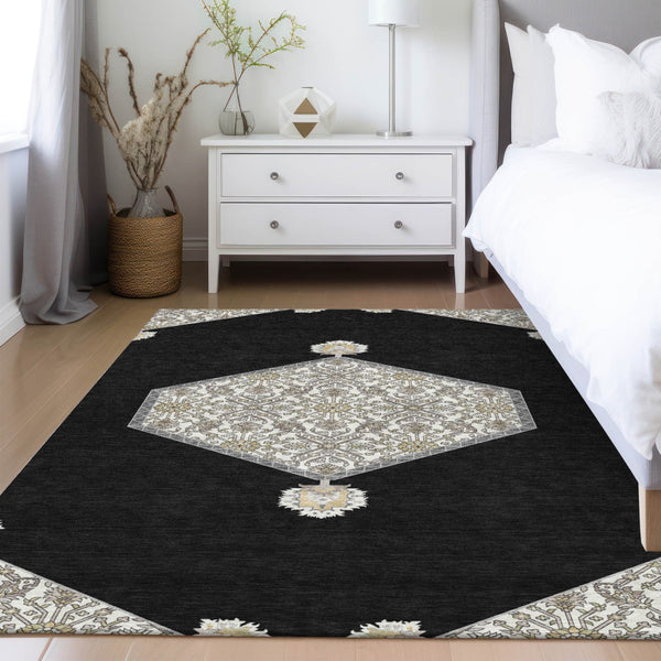 Homeroots 3' Artichoke Green Beige Ivory Oriental Washable Area Rug For Indoor Outdoor Spaces, Durable Design 5' X 8' Polyester 598173