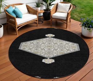 Homeroots 3' Artichoke Green Beige Ivory Oriental Washable Area Rug For Indoor Outdoor Spaces, Durable Design 8' Round Polyester 598174