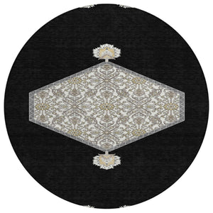 HomeRoots 5' Elegant Black, Gray & Ivory Oriental Washable Area Rug for Indoor & Outdoor Versatile Decor 8' Round 598174