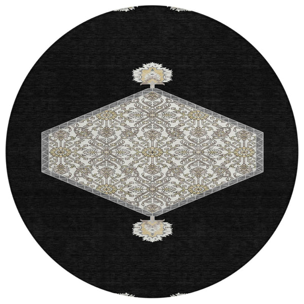 HomeRoots 5' Elegant Black, Gray & Ivory Oriental Washable Area Rug for Indoor & Outdoor Versatile Decor 8' Round 598174