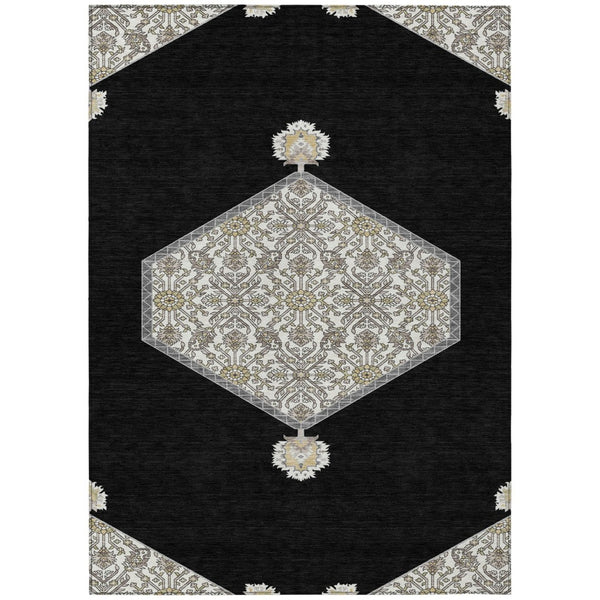 HomeRoots 5' Elegant Black, Gray & Ivory Oriental Washable Area Rug for Indoor & Outdoor Versatile Decor 8' X 10' 598175