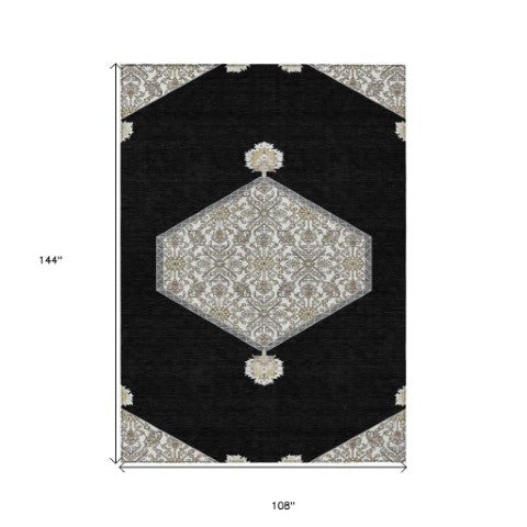 Homeroots 3' Artichoke Green Beige Ivory Oriental Washable Area Rug For Indoor Outdoor Spaces, Durable Design 9' X 12' Polyester 598176