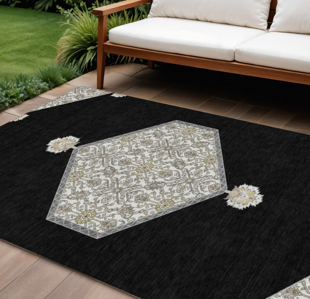 HomeRoots 9' X 12' Durable Black Gray Ivory Oriental Area Rug - Washable, Stylish, Perfect for Indoor & Outdoor Use 598176