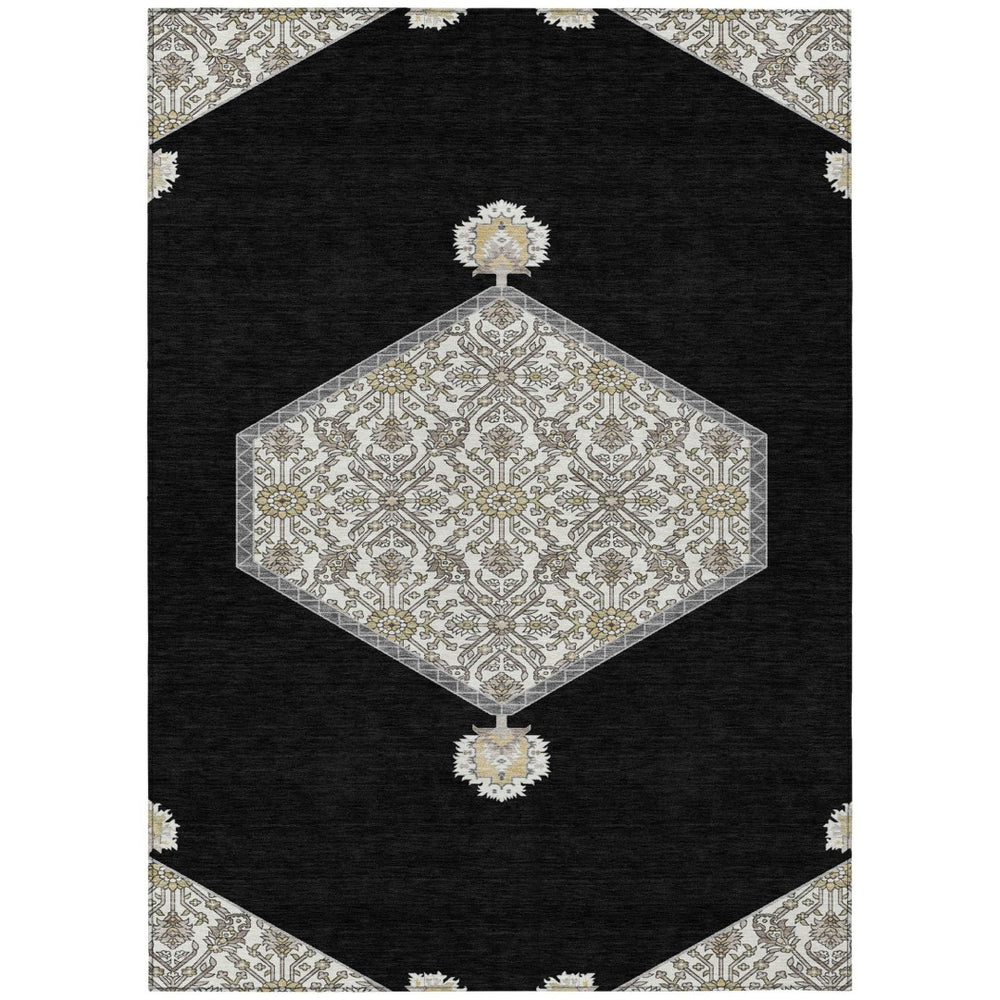 HomeRoots 9' X 12' Durable Black Gray Ivory Oriental Area Rug - Washable, Stylish, Perfect for Indoor & Outdoor Use 598176