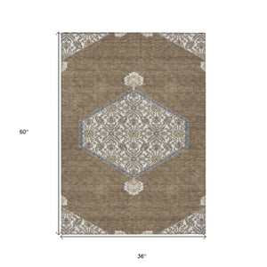 Homeroots 3' Artichoke Green Beige Ivory Oriental Washable Area Rug For Indoor Outdoor Spaces, Durable Design 3' X 5' Polyester 598178