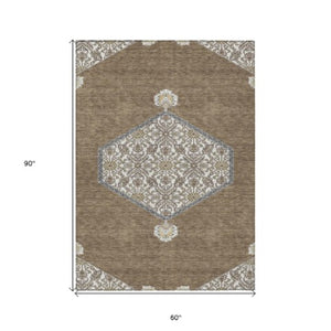 Homeroots 3' Artichoke Green Beige Ivory Oriental Washable Area Rug For Indoor Outdoor Spaces, Durable Design 5' X 8' Polyester 598179