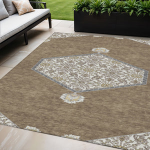 Homeroots 3' Artichoke Green Beige Ivory Oriental Washable Area Rug For Indoor Outdoor Spaces, Durable Design 5' X 8' Polyester 598179