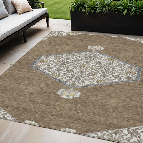 Homeroots 3' Artichoke Green Beige Ivory Oriental Washable Area Rug For Indoor Outdoor Spaces, Durable Design 5' X 8' Polyester 598179