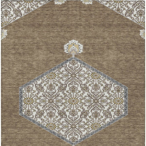 Homeroots 3' Artichoke Green Beige Ivory Oriental Washable Area Rug For Indoor Outdoor Spaces, Durable Design 5' X 8' Polyester 598179