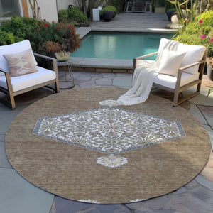 Homeroots 3' Artichoke Green Beige Ivory Oriental Washable Area Rug For Indoor Outdoor Spaces, Durable Design 8' Round Polyester 598180