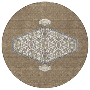 Homeroots 3' Artichoke Green Beige Ivory Oriental Washable Area Rug For Indoor Outdoor Spaces, Durable Design 8' Round Polyester 598180