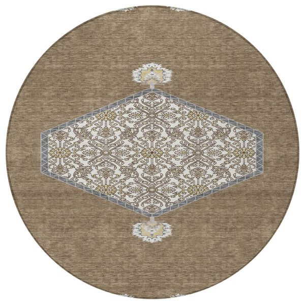 Homeroots 3' Artichoke Green Beige Ivory Oriental Washable Area Rug For Indoor Outdoor Spaces, Durable Design 8' Round Polyester 598180