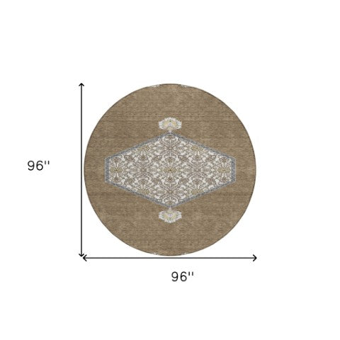 Homeroots 3' Artichoke Green Beige Ivory Oriental Washable Area Rug For Indoor Outdoor Spaces, Durable Design 8' Round Polyester 598180