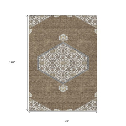 Homeroots 3' Artichoke Green Beige Ivory Oriental Washable Area Rug For Indoor Outdoor Spaces, Durable Design 8' X 10' Polyester 598181