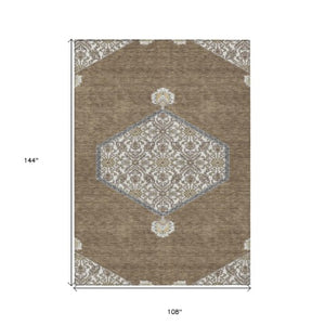 Homeroots 3' Artichoke Green Beige Ivory Oriental Washable Area Rug For Indoor Outdoor Spaces, Durable Design 9' X 12' Polyester 598182