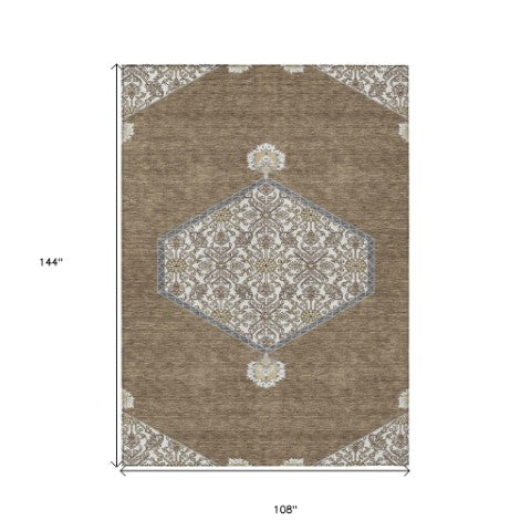 Homeroots 3' Artichoke Green Beige Ivory Oriental Washable Area Rug For Indoor Outdoor Spaces, Durable Design 9' X 12' Polyester 598182