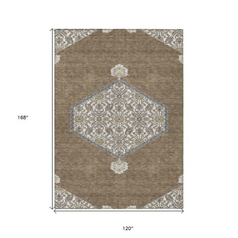 Homeroots 3' Artichoke Green Beige Ivory Oriental Washable Area Rug For Indoor Outdoor Spaces, Durable Design 10' X 14' Polyester 598183