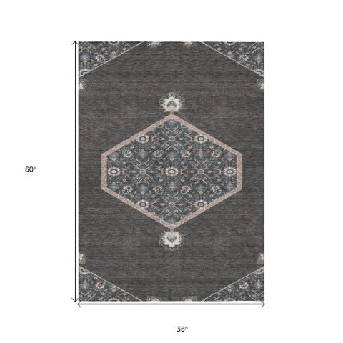 Homeroots 3' Artichoke Green Beige Ivory Oriental Washable Area Rug For Indoor Outdoor Spaces, Durable Design 3' X 5' Polyester 598184