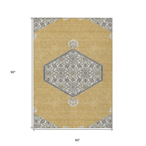 Homeroots 3' Artichoke Green Beige Ivory Oriental Washable Area Rug For Indoor Outdoor Spaces, Durable Design 5' X 8' Polyester 598197