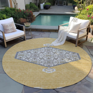 Homeroots 3' Artichoke Green Beige Ivory Oriental Washable Area Rug For Indoor Outdoor Spaces, Durable Design 8' Round Polyester 598198