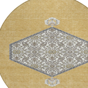 Homeroots 3' Artichoke Green Beige Ivory Oriental Washable Area Rug For Indoor Outdoor Spaces, Durable Design 8' Round Polyester 598198