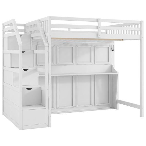 English Elm Full XL Loft Bed with Storage Staircase & Murphy Bed, Solid Pine, LED Light, Space-Saving White N7090004017K