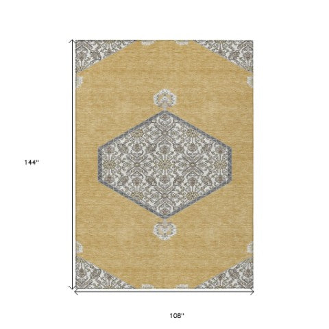 Homeroots 3' Artichoke Green Beige Ivory Oriental Washable Area Rug For Indoor Outdoor Spaces, Durable Design 9' X 12' Polyester 598200